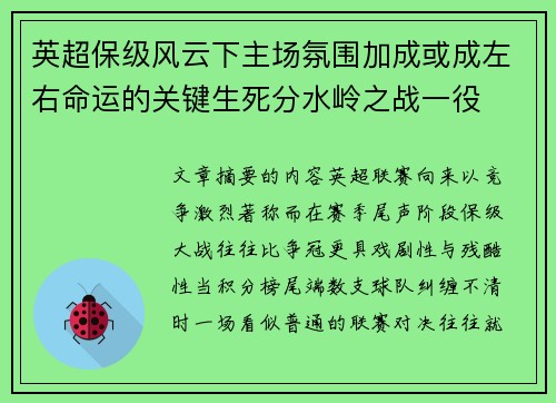 英超保级风云下主场氛围加成或成左右命运的关键生死分水岭之战一役